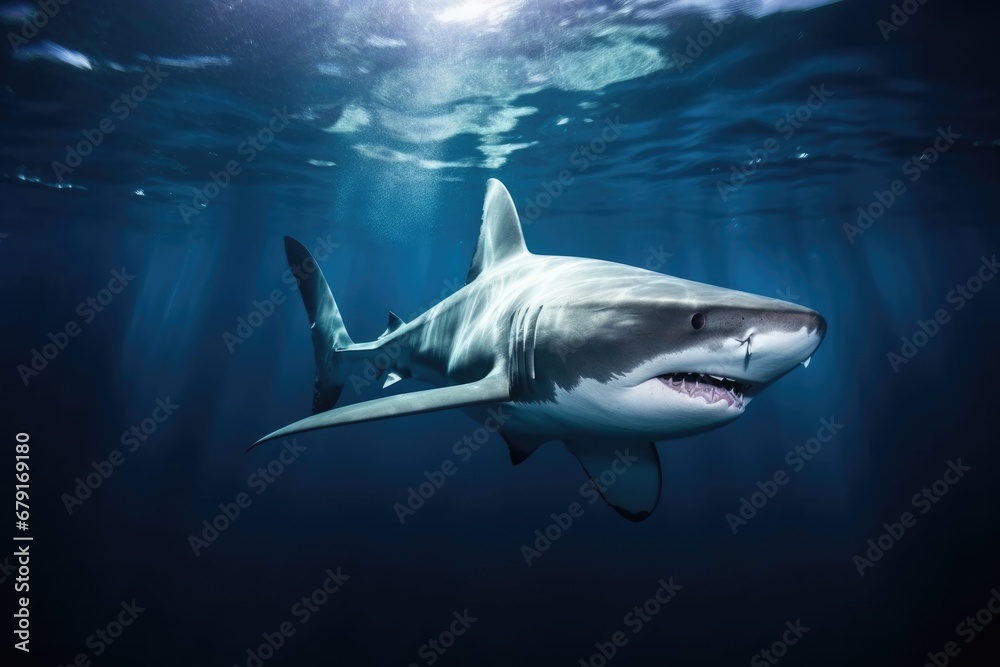 Fototapeta premium shark swimming ominously in deep, dark water