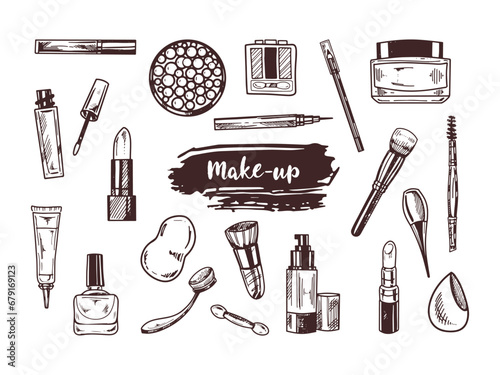 A set of hand-drawn doodle sketches of cosmetics, beauty, self-care elements.  Illustration for beauty salon, cosmetic store, makeup design. Engraved image.