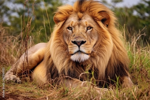a lion resting on a grassy savannah