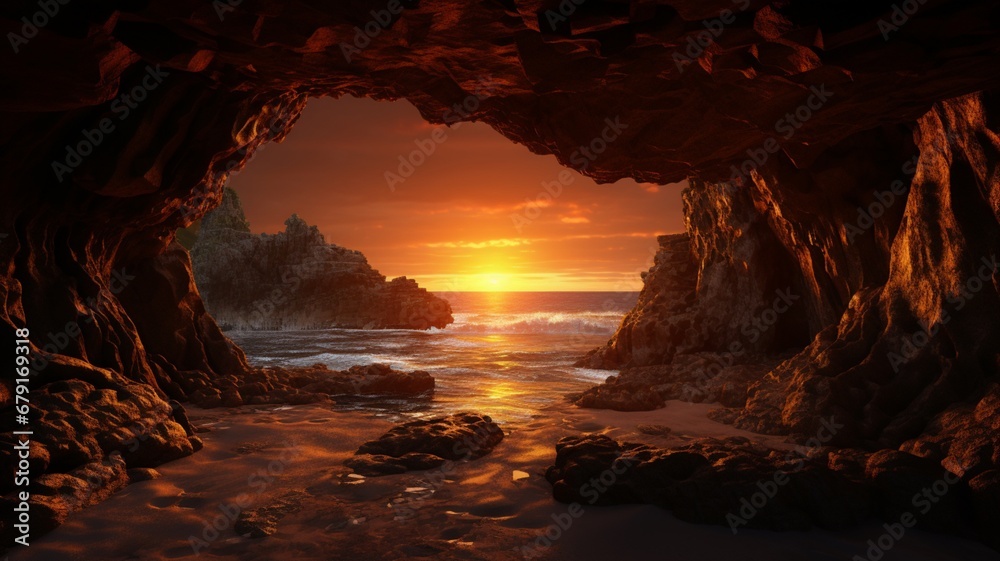 Sunset flush inside the cave high resolution Ai generated attractive art