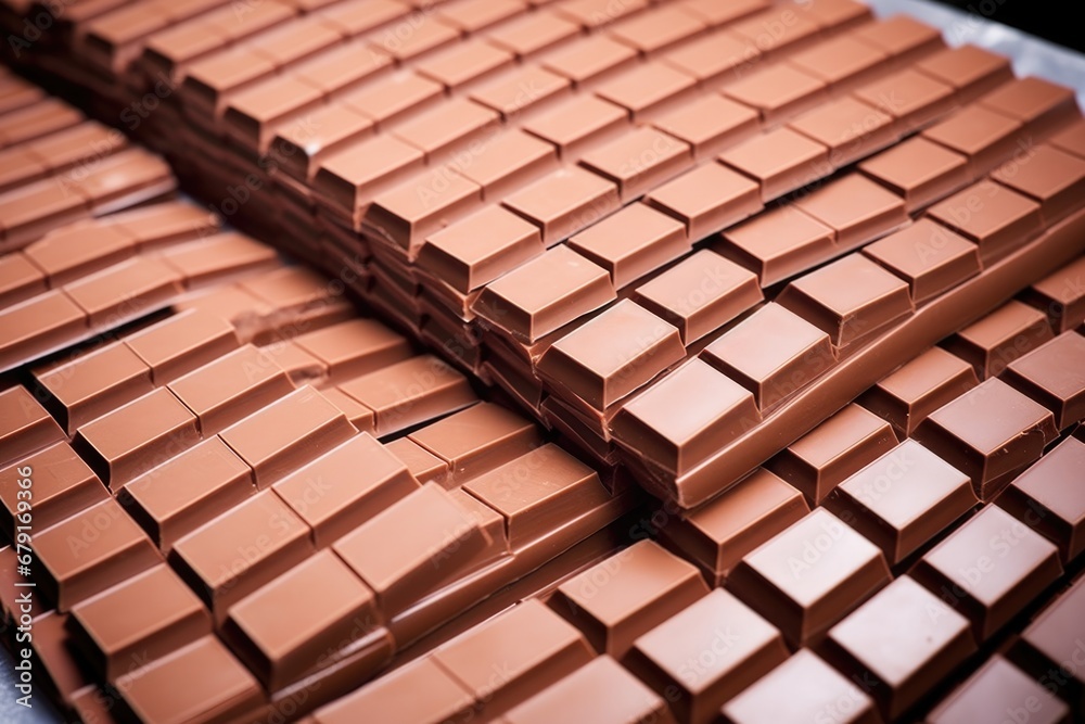 sleek view of milk chocolate bars stacked and ready for packaging sleek view of milk chocolate bars stacked and ready for packaging