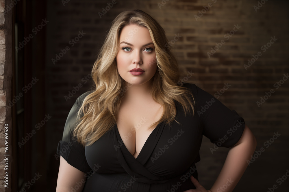 Beautiful caucasian woman with make up and long wavy blonde hair wears black dress. Dark background Beautiful caucasian woman with make up and long wavy blonde hair wears black dress. Dark background