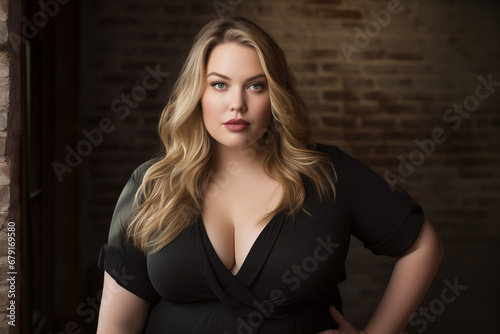 Beautiful caucasian woman with make up and long wavy blonde hair wears black dress. Dark background