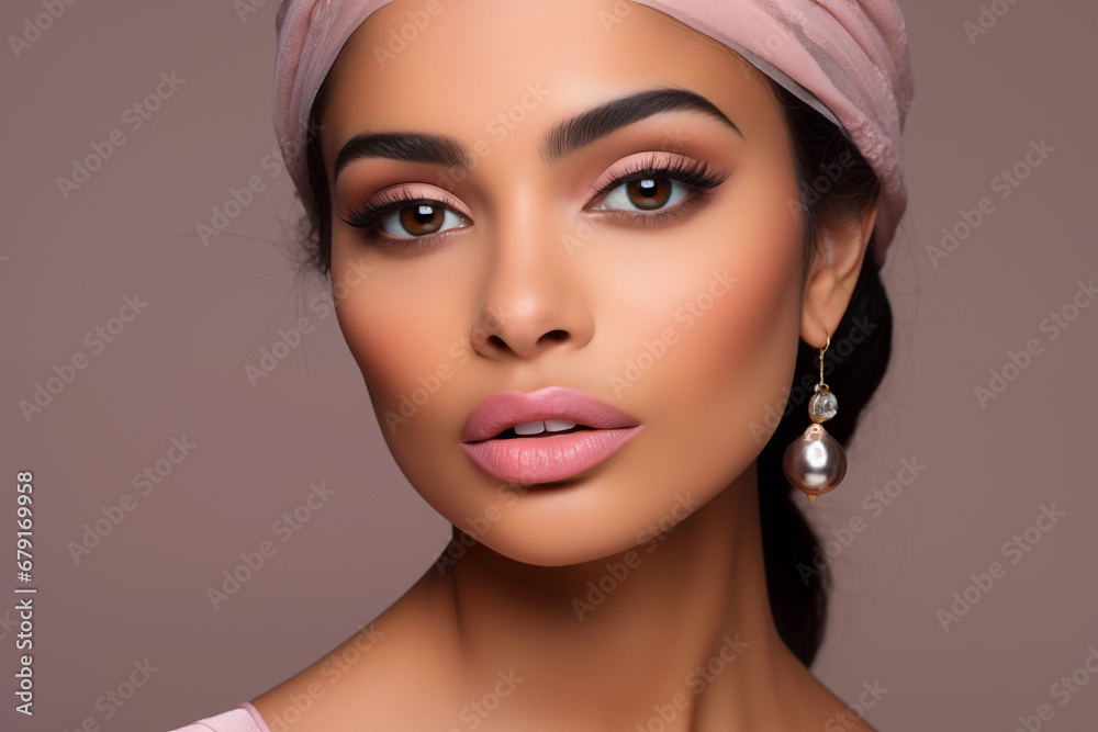 Beautiful Indian woman with pink pastel lips wears headscarf and earrings on the brown background Beautiful Indian woman with pink pastel lips wears headscarf and earrings on the brown background