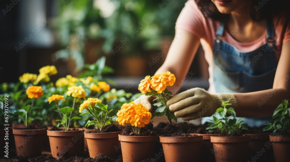 gardening and housework concept - woman in gloves planting pot flowers