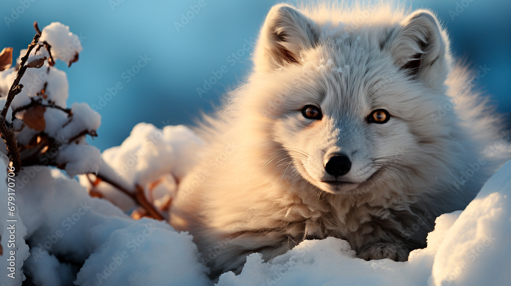 portrait of a white arctic wolf, canis lupus lupus, standing and posing in winter snow