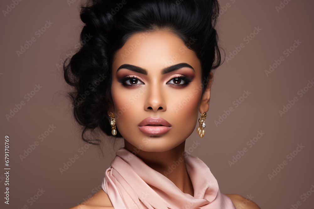 Fototapeta premium Beautiful Indian woman with pink pastel lips and eye shadow wears earrings on the brown background