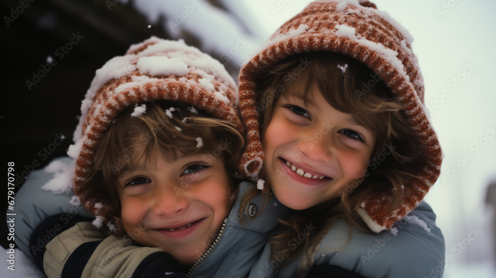 Close up portrait of a sibling children dressed in winter clothes, rejoicing in the first snow and winter Close up portrait of a sibling children dressed in winter clothes, rejoicing in the first snow and winter