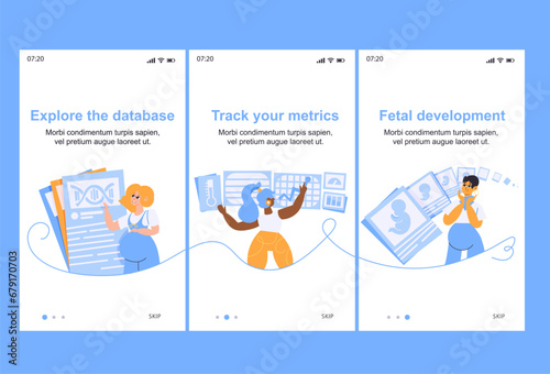 Welcome screens of a mobile application for pregnant women. Study scientific articles, track metrics, watch the development of the embryo week-by-week. Vector illustration.