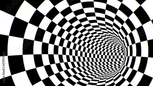 Inside Black And White Circular Checkerboard Optical Illusion Tunnel - 4K Seamless VJ Loop Motion Background Animation
