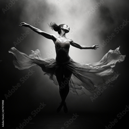 Fotografia en blanco y negro con detalle de esbelta bailarina en movimiento, con fondo difuminado de luz photo