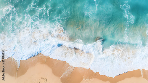 Top view sand beach, blue ocean waves photo