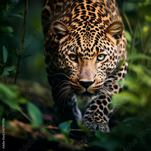fotografia con detalle de leopardo con mirada penetrante, entre vegetación © Iridium Creatives