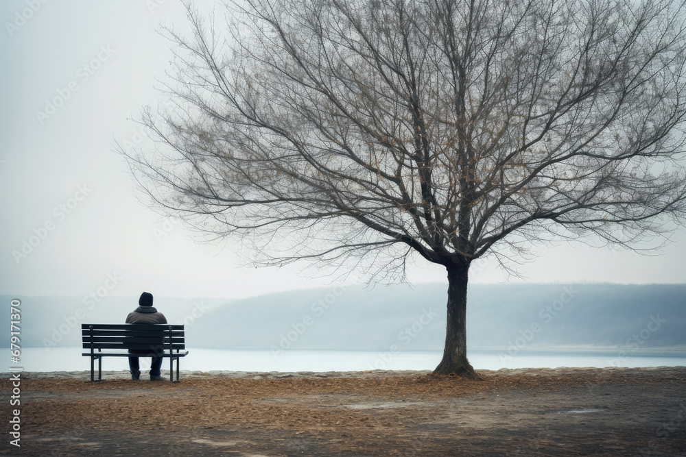 Lonliness persone sitting in the bench near to the tree. Lonliness persone sitting in the bench near to the tree.