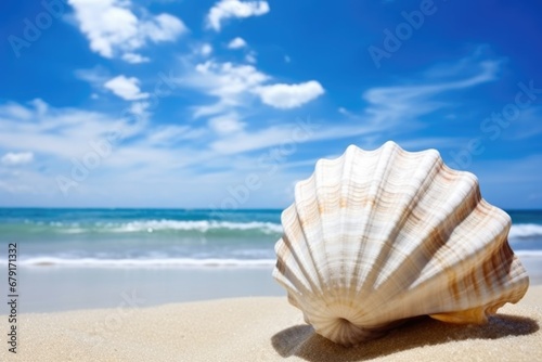 a seashell against an oceanic summer sky