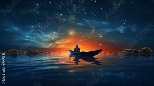 Surreal concept man rowing boat glow high resolution Ai generated attractive photo