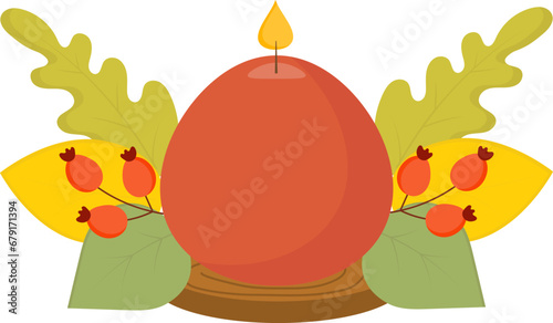 Autumn candle, decorative decoration. Autumn leaves, red berries.