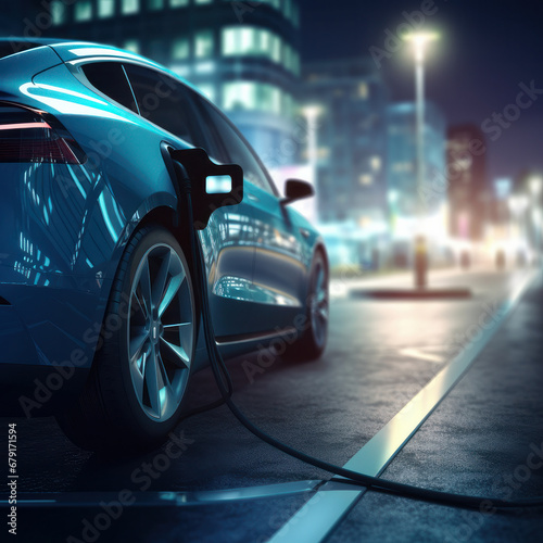 Eco-Friendly Transport: EV Charging Station Connected to electric vehicle.ai generative © tope007