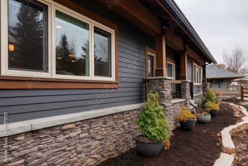 tight shot of stone wall with wood trim details in craftsman house photo