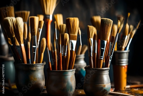 Close up of painting brushes in studio of artist natural HD glow