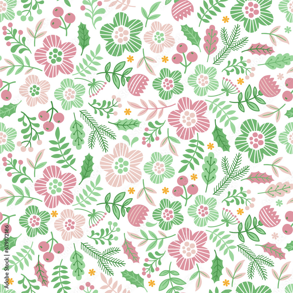 Seamless pattern of blossom meadow. Interweaving of stylized doodle flowers and branches in the Scandinavian color style on dark blue background Seamless pattern of blossom meadow. Interweaving of stylized doodle flowers and branches in the Scandinavian color style on dark blue background