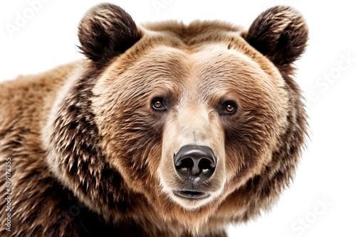 Close-up portrait of a brown bear on a white background.
