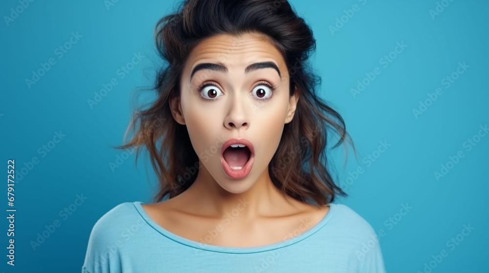 Portrait of attractive amazed girl sudden incredible news reaction wow isolated over bright blue color background. Made with generative ai
