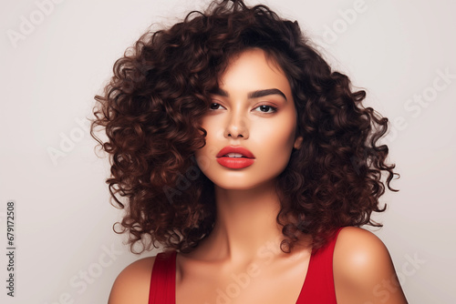 Beautiful Mexican woman with red lips make up and curly hair wears red dress. On white background