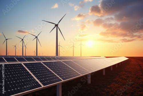 Sunrise Energy Farm: Solar Panels and Wind Turbines Aligned. ai generative photo