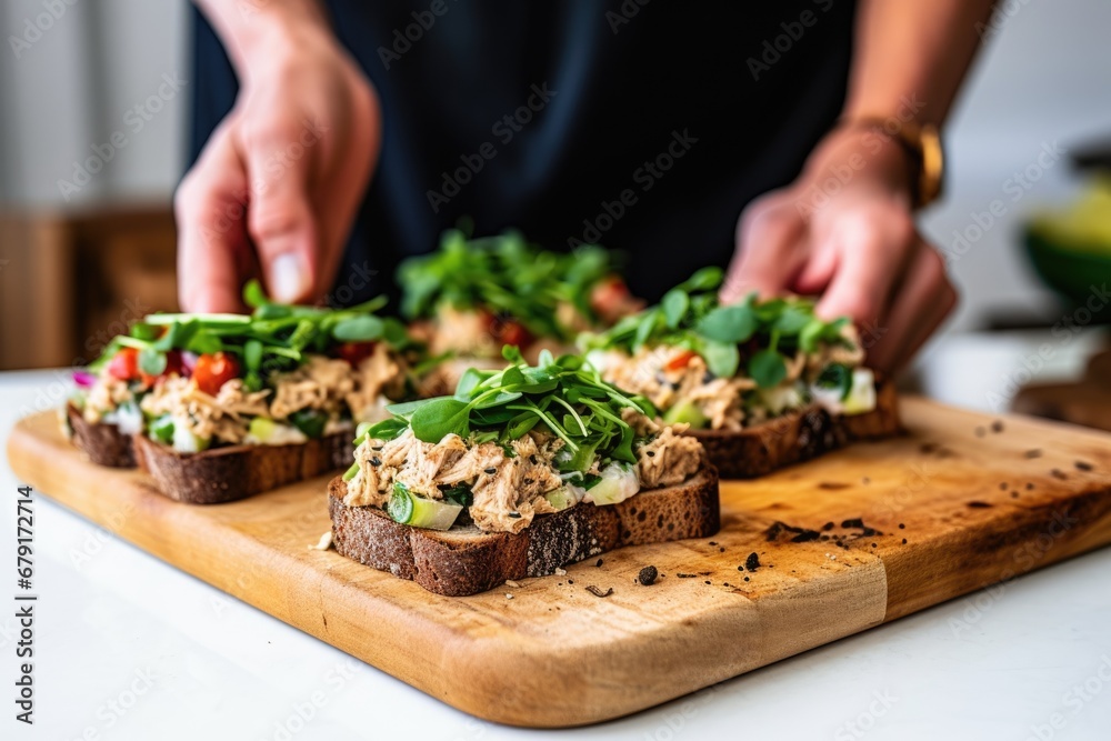 person spreading tuna salad on bread slices