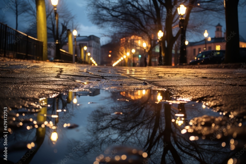A captivating winter scene of shimmering Christmas lights mirrored in a city street puddle