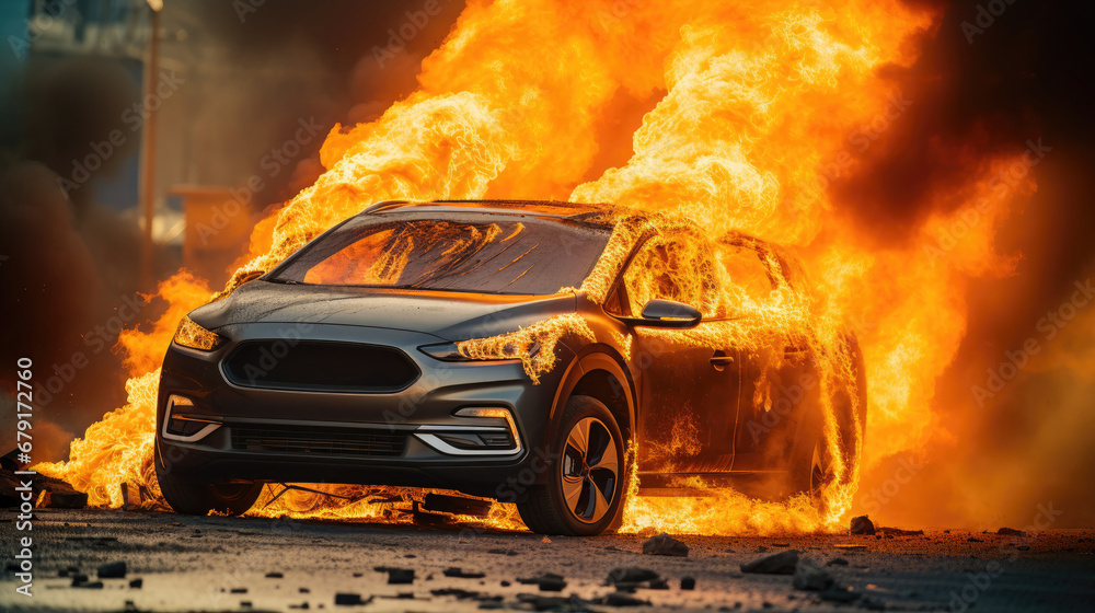 Electric car catches fire. Fire hazard from electric vehicles,Short Circuit , Car accident on the road, Red Car catched fire due to short circuit to uncontrol - obrazy, fototapety, plakaty 