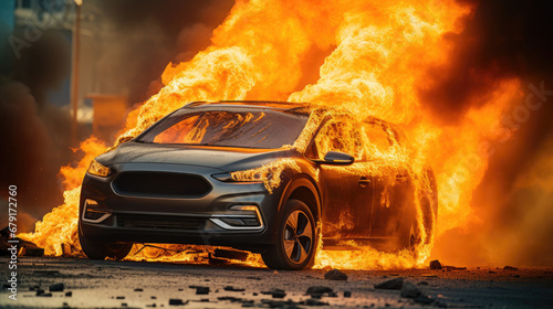 Electric car catches fire. Fire hazard from electric vehicles,Short Circuit , Car accident on the road, Red Car catched fire due to short circuit to uncontrol photo