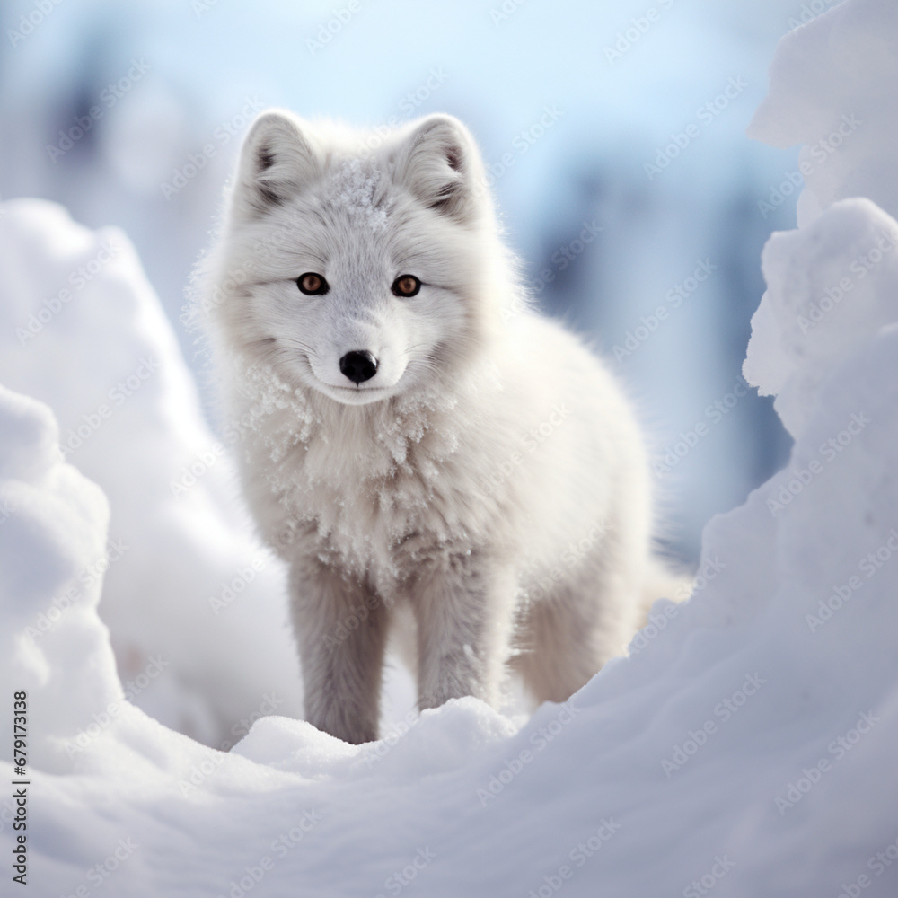 Obraz premium Fotografia con detalle de pequeño zorro de las nieves entre paisaje nevado