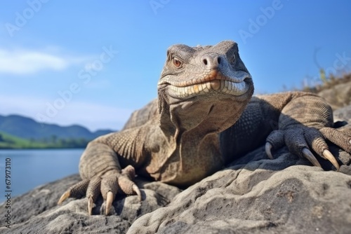 a komodo dragon sunbathing on rocky terrain
