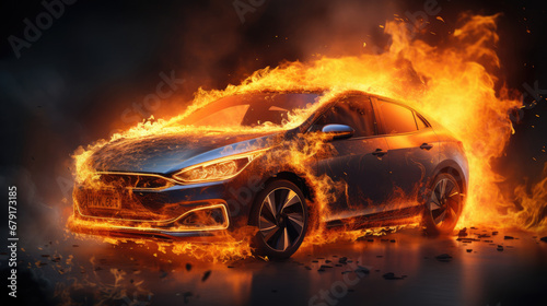 Electric car catches fire. Fire hazard from electric vehicles,Short Circuit , Car accident on the road, Red Car catched fire due to short circuit to uncontrol © Planetz