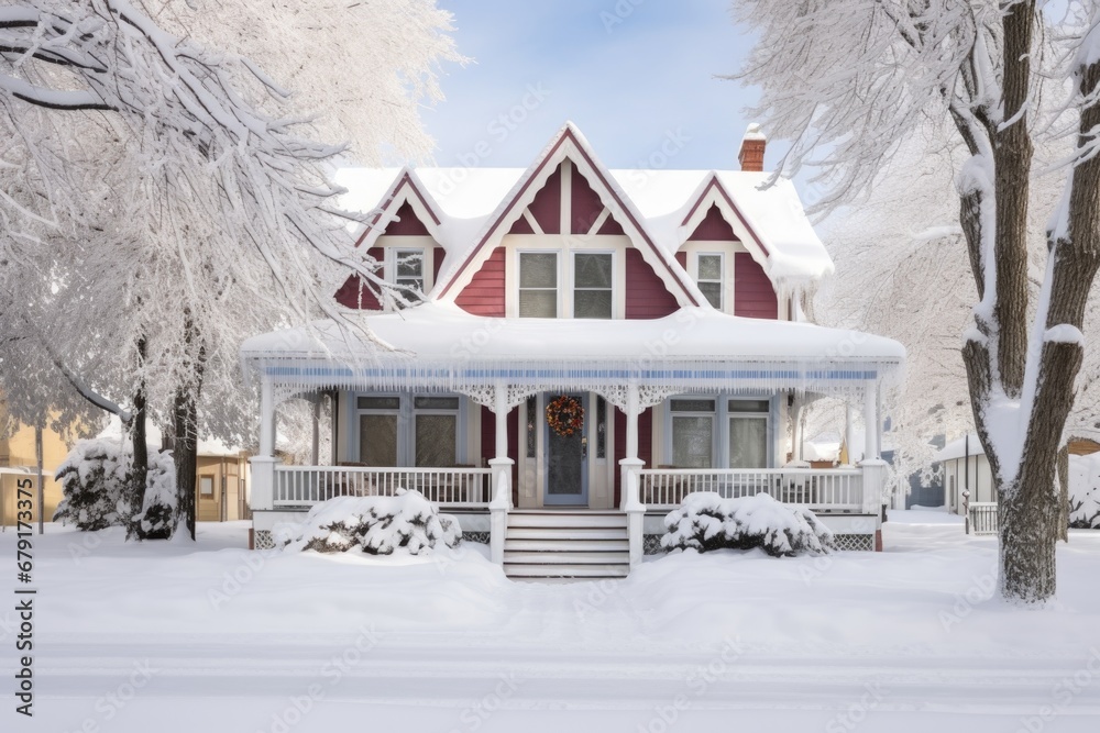 snow covered victorian home with wrap-around porch snow covered victorian home with wrap-around porch