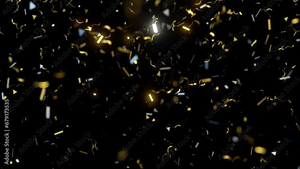 Golden flickering confetti party popper falling on black background, 4K greeting holiday animated wallpaper