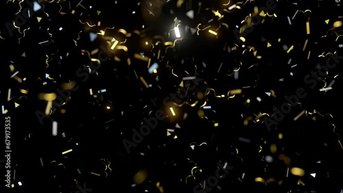 Golden flickering confetti party popper falling on black background, 4K greeting holiday animated wallpaper