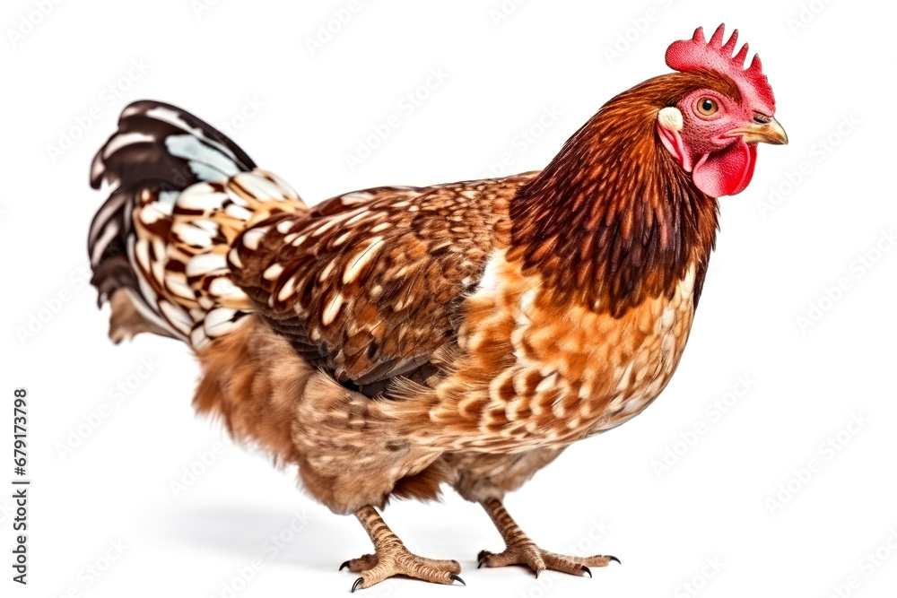 Brown hen isolated on white background, front view. 