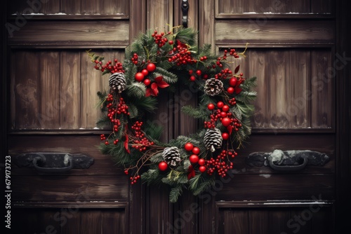 Festive holiday wreath adorned with seasonal embellishments hangs on a rustic wooden door amidst falling snow © aicandy