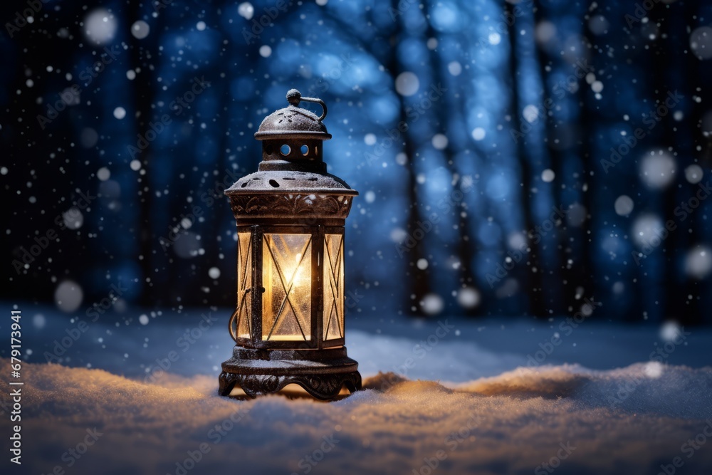 A Serene Christmas Night Captured with a Radiant Lantern Lighting up the Snowy Landscape A Serene Christmas Night Captured with a Radiant Lantern Lighting up the Snowy Landscape