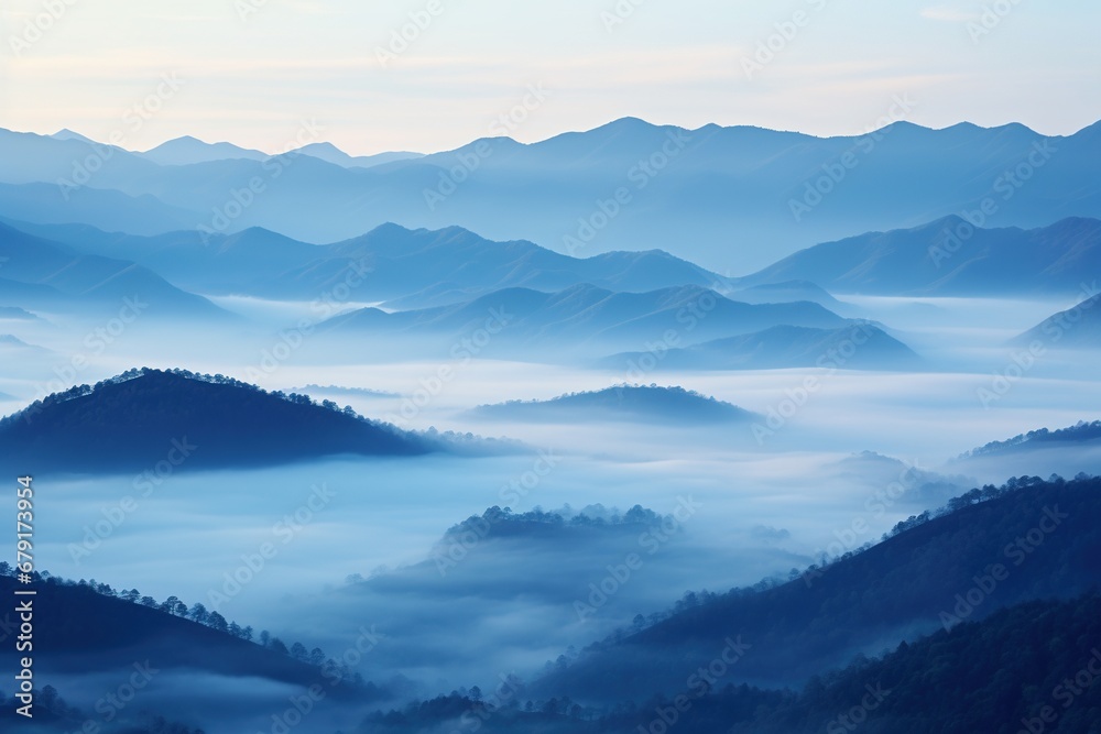 Beautiful landscape of mountains in foggy morning. Beauty in nature.