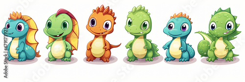 Set of cute young dinosaur or dragon with eggs cartoon