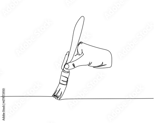 Narrow paint brush in hand, painting a wall one line art. Continuous line drawing of repair, professional, service, concept, support, maintenance, work, technician.