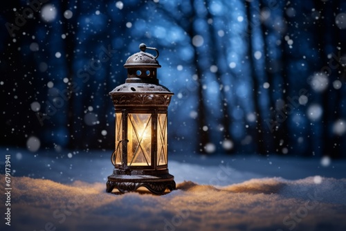 A Serene Christmas Night Captured with a Radiant Lantern Lighting up the Snowy Landscape © aicandy