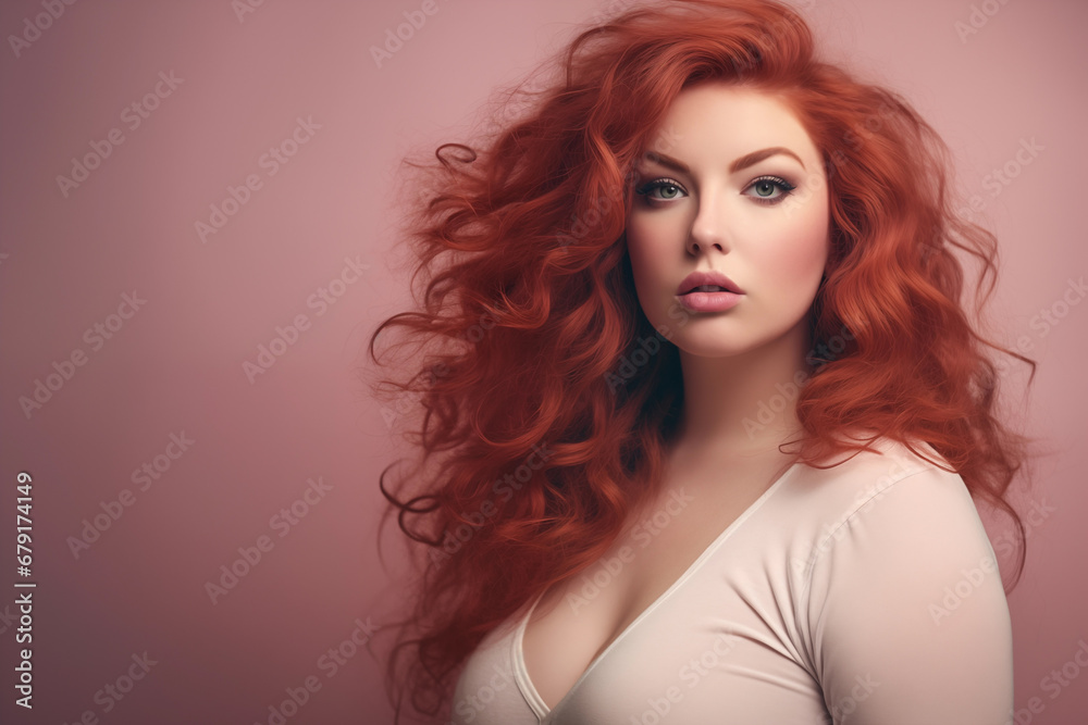 Beautiful caucasian redhead woman with pastel pink lips and long curly hair on the pink background