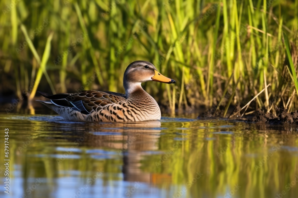 a duck paddling in a wetland pond a duck paddling in a wetland pond