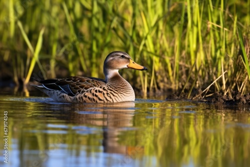 a duck paddling in a wetland pond