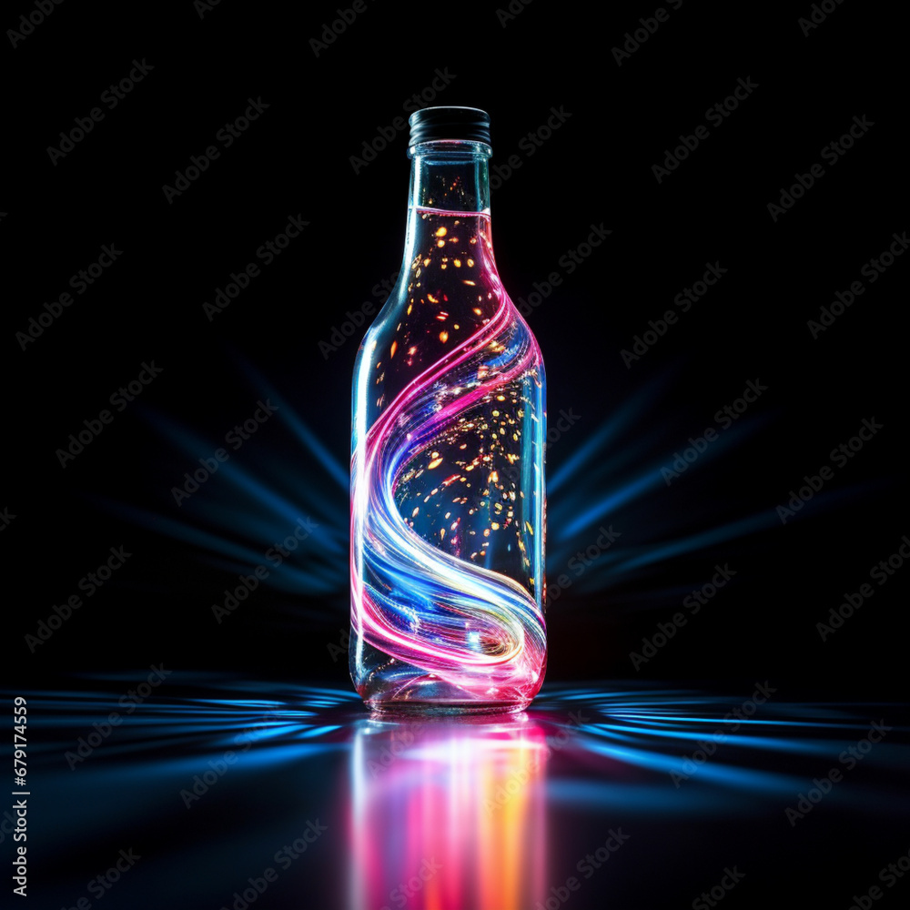 Fotografia con detalle y textura de botella de cristal con lineas sinuosas de luz en su interior, con fondo de tonos oscuros Fotografia con detalle y textura de botella de cristal con lineas sinuosas de luz en su interior, con fondo de tonos oscuros